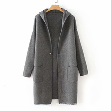 Winter Knitted Women Long Cardigan Sweaters Coat Wholesale with hat pockets